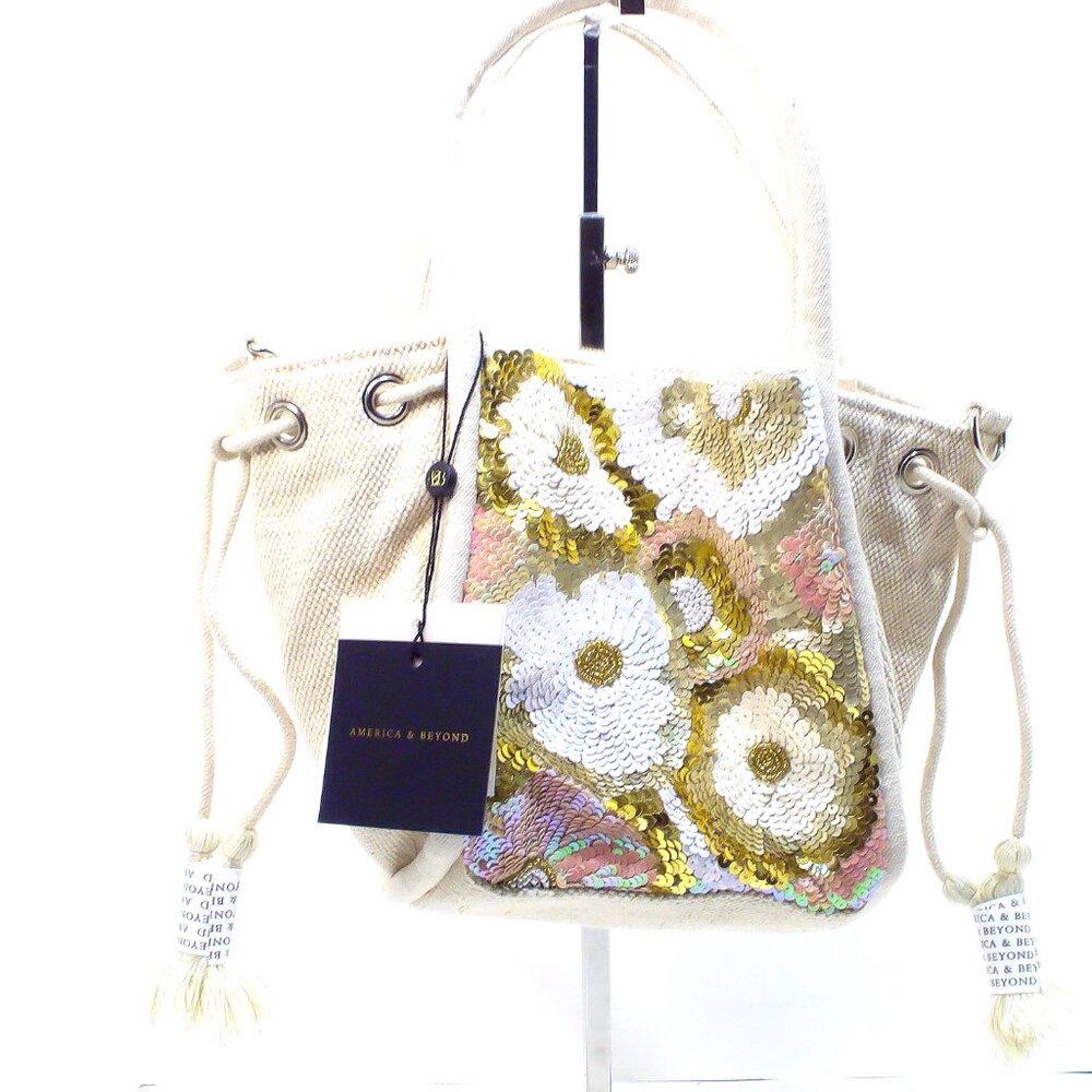 America & Beyond, Drawstring Cream , Floral Sequins, Satchel/Tote NWT